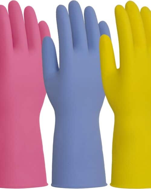 Rubber Kitchen Cleaning Gloves, Reusable Dishwashing Gloves, Non-Slip, with Flocked Liner, 3 Pairs Pink+Yellow+Blue