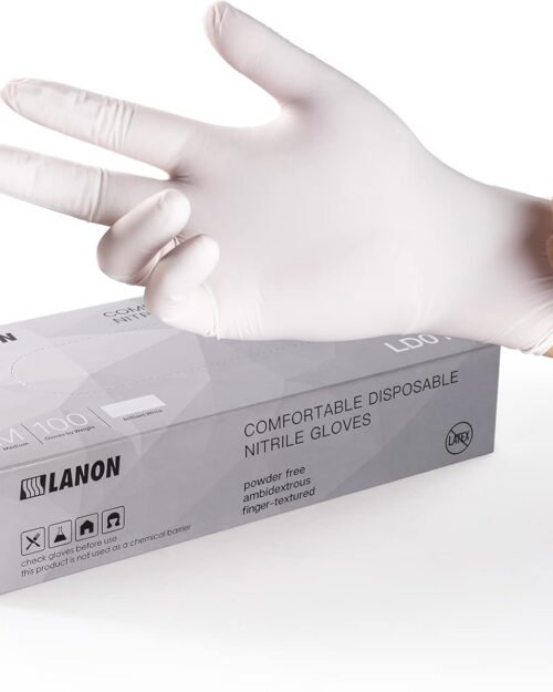 LANON Food Safe White Disposable Nitrile Gloves, Latex-Free, Powder-Free, Textured Fingertips, Cooking, Cleaning, Medium
