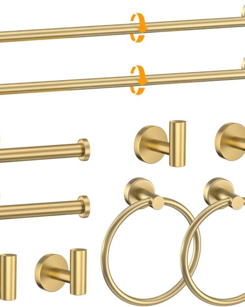 Brushed Gold Towel Bar Set 10 Pieces Round Bathroom Hardware Set Includes 23.6in Towel Bar Towel Ring Toilet Paper Holder Towel Hooks Stainless Steel Wall-Mounted Bathroom Towel Holder Set