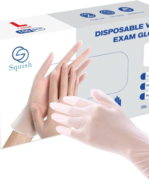 squish Disposable Gloves, Clear Vinyl Gloves Latex Free Powder-Free Glove Cleaning Rubber Gloves Health Gloves for Kitchen Cooking Cleaning Food Handling, 100PCS/Box, Large