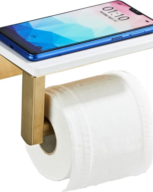 Brushed Gold Toilet Paper Holder with Shelf, 304 Stainless Steel Screw Wall Mounted, Marble Tissue Roll Holder with Storage