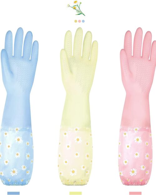 KAQ Dishwashing Cleaning Gloves 3 Pairs-Reusable Rubber Gloves Non-Slip Laundry Kitchen Gardening Household Gloves(Long Cuff)