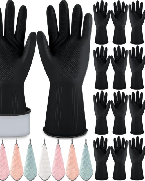 Hushee 24 Pcs Rubber Kitchen Dishwashing Gloves Reusable Household Cleaning Gloves with Microfiber Cleaning Rags For Cleaning