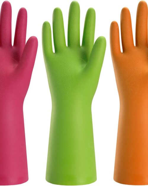 Bamllum 3 Pairs Rubber Cleaning Gloves for Household - Reusable Dishwashing Gloves for Kitchen, Flexible Long-lasting & Waterproof (Medium, Green+Red+Orange)
