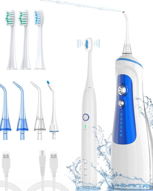 Rechargable Water Dental Flosser with Electric Toothbrush Combo for Teeth Cleaning, Oral Irrigator with 6 Flossing Modes & 5 Jet Tips, Electric Toothbrush with 3 Brushing Modes & 4 Brush Heads