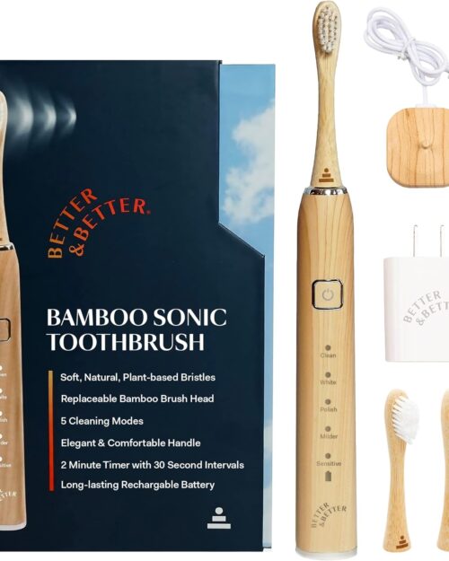 Better & Better Sonic Bamboo Electric Toothbrush for Adults | Rechargeable Electric Bamboo Toothbrush w/Plant-Based Bristles | Soft Brush Heads incl. | 5 Cleaning Modes & Long-Lasting Battery