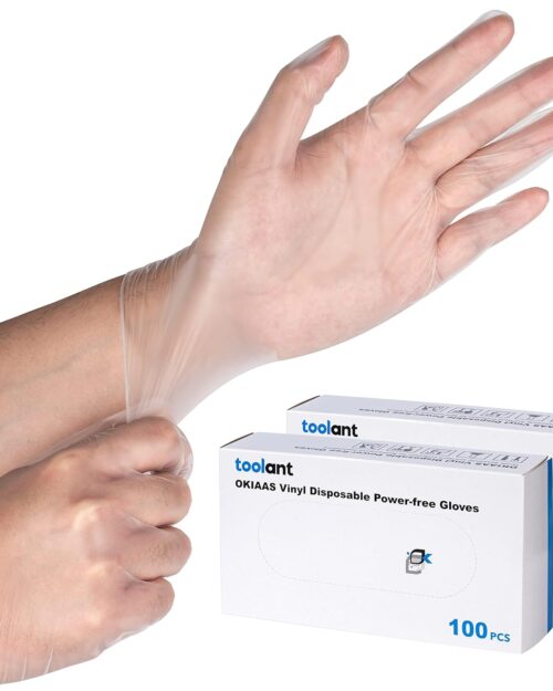 OKIAAS Disposable Gloves M, Food Safe, Bulk of 200 Pcs|Latex and Powder-Free Clear Vinyl Gloves for Cleaning, Food Prep