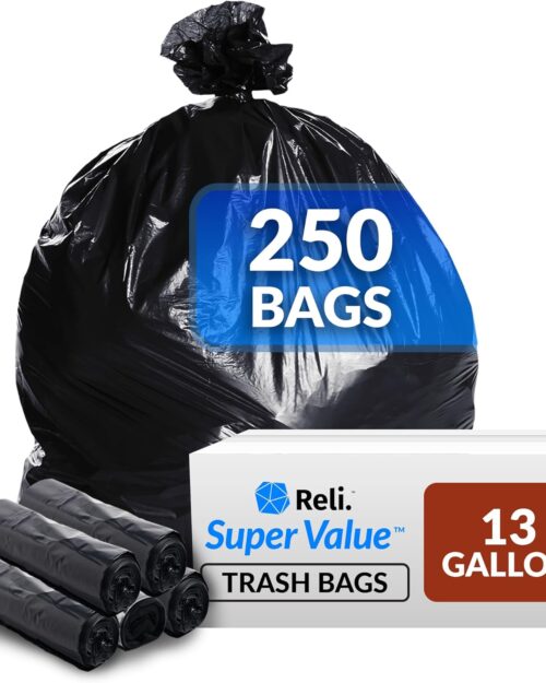 Reli. 13 Gallon Trash Bags | 250 Bags | Black | Tall Kitchen | Strong | Garbage