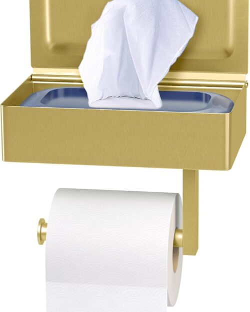 Brushed Gold Toilet Paper Holder with Shelf and Storage – SUS304 Stainless Steel Flushable Wipes Holder – Two Installation Screw and Self Adhesive Bathroom TP Holder Wall Mount - Large