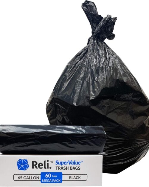 Reli. SuperValue 65 Gallon Trash Bags | 60 Count | Made in USA | Heavy Duty | Black Multi-Use Garbage Bags