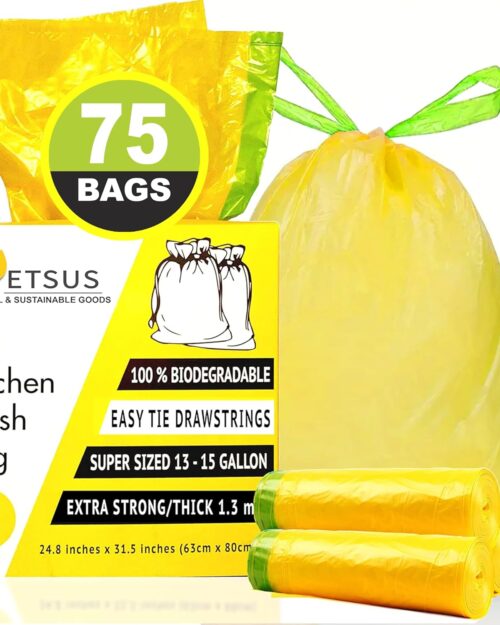 Biodegradable Trash Bags for 13 Gallon | 50 Liter Bin, Plant Based - 75 Count, Tall Kitchen Compost Bags with Drawstrings - Green Garbage Bags - 1.3 mil Thick Heavy Duty and Eco Friendly Trash Bags