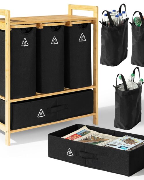 Recycling Bin for Kitchen With 4 Compartments 42 gallons, Bamboo Recycling Station Pull Out Trash Can with Washable Waste Bin Bags, Trash Bag Container Recycling Bin and Storage Shelf - BLACK